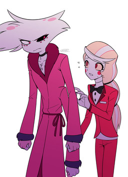 4_arms choker clothed clothing duo female jewelry male multi_arm multi_limb necklace simple_background white_background enaic31 hazbin_hotel hellaverse angel_dust charlie_morningstar arachnid arthropod demon demon_humanoid humanoid spider absurd_res hi_res