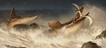 day detailed_background duo feral fin membrane_(anatomy) membranous_wings open_mouth outside teeth text wings arvalis marine mosasaur prehistoric_species pteranodon pteranodontid pterosaur reptile scalie tylosaurus 2018 absurd_res digital_media_(artwork) english_text hi_res url