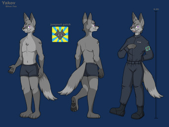 4_toes 5_fingers air_force anthro arm_tuft big_ears biped black_clothing black_eyebrows black_footwear black_nose black_pawpads black_shoes blue_clothing blue_jumpsuit blue_underwear blue_uniform chart cheek_tuft chest_tuft clothed clothing dipstick_ears dipstick_tail ear_markings elbow_tuft eyebrows eyelashes facial_tuft fangs feet fingers fluffy fluffy_chest footwear front_view fur grey_body grey_ears grey_fur grey_inner_ear_fluff grey_markings grey_tail hand_on_chest handpaw head_tuft humanoid_hands inner_ear_fluff jumpsuit long_tail looking_at_viewer male markings military_uniform mostly_nude multicolored_body multicolored_ears multicolored_fur muscular navel open_mouth patch_(fabric) pawpads paws purple_eyes shoes shoulder_tuft side_view size_chart slim smile snout solo standing tail tail_markings teeth text toes tuft underwear underwear_only uniform white_sclera hachimakiyaki yakov_lisakovich canid canine fox mammal red_fox silver_fox true_fox 2025 alpha_channel character_name cyrillic_text digital_drawing_(artwork) digital_media_(artwork) english_text hi_res model_sheet russian_text shaded species_name