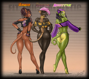 accessory anthro areola athletic barefoot big_butt black_clothing black_footwear black_high_heels bottomless breasts brown_hair butt clothed clothing collar curvy_figure dialogue dreadlocks eyeshadow feet female fingerless_gloves footwear genitals gloves group hair handwear headband high_heels humanoid_feet lipstick makeup mule_heels neck_ring nipples non-mammal_breasts off_shoulder panties partially_clothed pink_hair plantigrade platform_footwear platform_heels pose shoes side_boob skimpy smile soles stiletto_heels text toes torn_clothing underwear voluptuous vulva seriousb beatrix_(seriousb) donna_(seriousb) ember_(seriousb) lizard reptile scalie 2015 2017 english_text hi_res