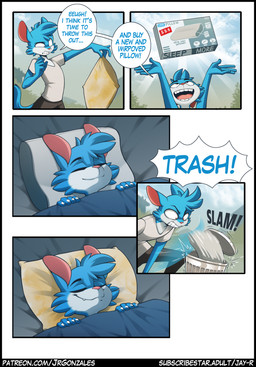 anthro biped blue_body blue_fur bottomwear clothed clothing cute_fangs detailed_background eyebrows fangs fingers fur male open_mouth pink_nose red_eyes sleeping solo tail teeth tongue topwear jay-r canid canine fox mammal hi_res