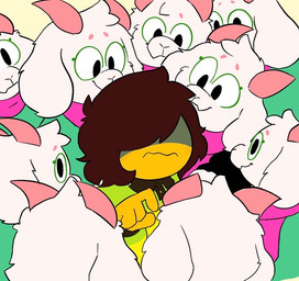 2_horns ambiguous_gender anthro biped blush blush_lines brown_hair clothed clothing eyewear floppy_ears fluffy frown fur glasses group hair hair_over_eyes horn looking_at_another male male_anthro nervous pink_horn scarf short_hair simple_background snout solo_focus surrounded tan_background wearing_glasses white_body white_fur yellow_body yellow_skin potato472734 deltarune undertale_(series) kris_dreemurr ralsei bovid caprine darkner goat human mammal 2026 digital_drawing_(artwork) digital_media_(artwork)