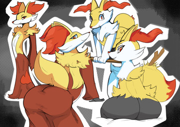 ambiguous_gender anthro arm_tuft big_tail biped butt butt_focus cheek_tuft countershade_fur countershading duo evolutionary_family eyelashes facial_tuft front_view fur halftone_background inner_ear_fluff leaning leaning_forward lidded_eyes looking_at_viewer looking_back looking_back_at_viewer neck_tuft object_in_tail orange_body orange_fur outline pattern_background presenting presenting_hindquarters pseudo_clothing rear_view red_eyes shoulder_tuft side_view simple_background sitting snout standing stick stick_in_tail tail tuft white_body white_fur goopyarts nintendo pokemon braixen canid delphox generation_6_pokemon mammal pokemon_(species) absurd_res digital_drawing_(artwork) digital_media_(artwork) english_description halftone hi_res multiple_images