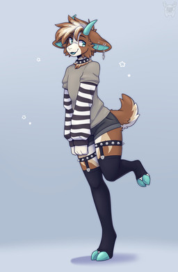 anthro black_eyebrows bottomwear brown_body brown_fur cheek_tuft clothed clothing collar ear_piercing eyebrows facial_tuft femboy fur green_eyes hair hooves horizontal_pupils long_sleeves looking_back male multicolored_body multicolored_fur multicolored_hair on_one_leg open_mouth piercing pupils shirt short_hair shorts simple_background smile solo spiked_collar spikes standing tail tan_body tan_fur topwear tuft fleurfurr bovid caprine goat mammal colored digital_drawing_(artwork) digital_media_(artwork) hi_res shaded