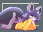 anthro black_body black_clothing black_ears black_fur black_tail clothing fur grey_body grey_ears grey_fur grey_tail hair orange_clothing purple_hair solo tail yellow_eyes oreon_smol domestic_cat felid feline felis mammal 2021 absurd_res hi_res