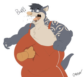 4_fingers anthro arm_tattoo belly belly_punching big_belly black_body black_fur black_hair burping chest_tuft claws clothed clothing disembodied_hand ear_piercing ear_ring eyebrow_piercing facial_piercing fangs fingers fur hair huge_belly inner_ear_fluff male male_anthro musclegut muscular muscular_anthro muscular_male open_mouth orange_body overweight overweight_anthro overweight_male piercing punch red_clothing red_sportswear ring_piercing simple_background sportswear standing tail tattoo teeth teeth_showing text tongue torn_clothing tuft uvula wardrobe_malfunction white_background white_claws wide_eyed wrestler wrestler_costume wrestling_outfit canson kotarocat domestic_cat felid feline felis mammal absurd_res digital_media_(artwork) english_description english_text hi_res story story_in_description