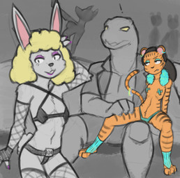 anthro black_hair blonde_hair clothed clothing dancing female fishnet_clothing fishnet_legwear group hair legwear male male/female nipple_tape pasties pole pole_dancing prostitution skimpy tape young young_anthro young_female stupidgnoll kevin_and_kell coney_dewclaw lin_lee felid lagomorph leporid mammal pantherine rabbit tiger