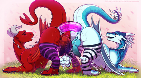 2_penises anal anal_orgasm anal_penetration anus blue_body blush bodily_fluids butt clothing cum cum_on_ground cum_while_penetrated dildo dildo_in_ass dildo_insertion double_dildo double_penetration duo ejaculation eye_contact feral gaping gaping_anus genital_fluids genitals hands-free heart_symbol knot knotted_penis legwear looking_at_another male male/male male_penetrated multi_genitalia multi_penis object_in_ass orgasm pattern_clothing pattern_legwear pattern_stockings penetration penis pink_dildo precum raised_tail red_body sex_toy sex_toy_in_ass sex_toy_insertion simultaneous_orgasms slit_penis spikes stockings striped_clothing striped_legwear striped_stockings stripes tail transparent_dildo transparent_sex_toy white_body potatosnake mythology wings_of_fire blizzard_(squeed2115) nie_lao dragon icewing_(wof) mythological_creature mythological_scalie scalie hi_res