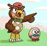 ambiguous_gender anthro beak bow_(feature) bow_tie clothing duo feathers hat headgear headwear male nude ribbons tail tail_feathers glomiagui animal_crossing nintendo pokemon blathers_(animal_crossing) avian bird generation_7_pokemon owl pokemon_(species) rowlet 2016 crossover hi_res