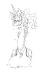 alternate_species anthro big_breasts breasts ethereal_hair eyelashes eyewear female glasses hair horn huge_breasts long_neck ponytail smile solo vertical_bar_eyes mhdrawin mythology miss_bliss_(mhdrawin) equid equine mammal mythological_creature mythological_equine unicorn 2022 black_and_white hi_res monochrome