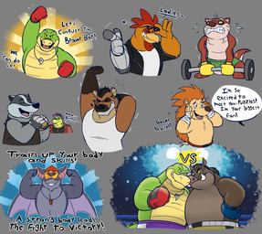 anthro black_body bodily_fluids boxing_gloves brown_body burger clothing eating exercise eyewear fist flexing food gesture glasses green_body group hand_gesture handwear heart_symbol jacket jewelry male metal_jaw multicolored_body necklace orange_body pointing prosthetic prosthetic_limb red_body robotic_arm shirt sweat tank_top tears text topwear two_tone_body weightlifting weights white_body wings workout wrappings yellow_sclera glassesgator brok_the_investigator cowcat_games badger_(brok_the_investigator) boyd_(brok_the_investigator) brok_(brok_the_investigator) clint_(brok_the_investigator) dr._mink puzzles_(brok_the_investigator) tenderjaw alligator alligatorid avian badger bat bird chicken crocodile crocodilian eulipotyphlan galliform hedgehog hyena mammal mink mustelid musteline phasianid reptile scalie suid suine true_musteline warthog 2025 digital_drawing_(artwork) digital_media_(artwork) english_text hi_res multiple_images