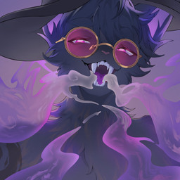 ambiguous_gender anthro biped clothed clothed_ambiguous clothed_anthro clothing eyewear front_view fur glasses hair hat headgear headwear looking_at_viewer simple_background smile solo teeth tongue bluepudding canid canine mammal 1:1 2026 digital_drawing_(artwork) digital_media_(artwork) hi_res