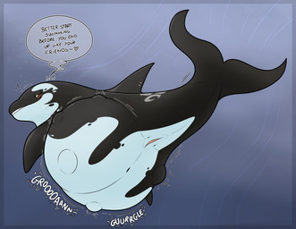 animal_genitalia animal_vulva belly big_belly black_body black_fin black_tail butt cetacean_genitalia cetacean_vulva dialogue dorsal_fin female female_pred feral feral_pred fin genitals looking_back solo tail talking_feral text underwater vore vulva water white_belly sentinelwinder aquatic cetacean dolphin mammal oceanic_dolphin orca toothed_whale english_text hi_res