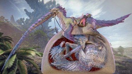 belly big_belly blue_body blue_eyes blue_feathers blue_scales blurred_background duo feathered_chest feathered_wings feathers feral feral_pred horn huge_belly hyper hyper_belly internal oral_vore purple_body purple_feathers saddle saddle_bag scales tail vore wings x-ray_view kenresek capcom monster_hunter bird_wyvern seikret velkhana 16:9 3d_(artwork) blender_(artwork) digital_media_(artwork) hi_res watermark widescreen
