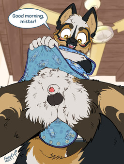 anatomically_correct anatomically_correct_genitalia anatomically_correct_penis animal_genitalia anthro balls black_body black_fur blue_body blue_fur brown_body brown_fur ceiling_fan clothing electric_fan fur genitals hairless_balls inside light looking_at_viewer male onesie onesie_open onesie_undone open_mouth orange_body orange_fur penis penis_tip presenting presenting_balls presenting_penis presenting_sheath sheath smile solo speech_bubble standing teeth text tongue white_body white_fur yellow_body yellow_eyes yellow_fur young young_anthro young_male auzzipup bluey_(series) bluey_heeler kiba_wolfdog canid canine canis hybrid mammal wolfdog hi_res