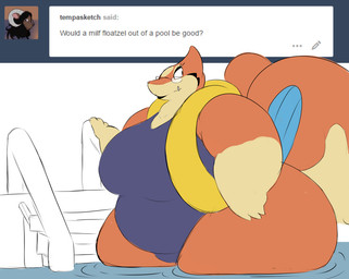 big_tail breasts clothing eyelashes eyewear fangs female fin glasses lips mature_female one-piece_swimsuit overweight overweight_female solo swimming_pool swimwear tail teeth text thick_thighs wide_hips noirbutt nintendo pokemon floatzel generation_4_pokemon pokemon_(species) english_text source_request unavailable_at_source