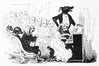 anthro cane clothed clothing curtains dress female fully_clothed fur furniture group harpsichord inside keyboard_instrument male musical_instrument open_mouth piano playing_music playing_piano sofa stool upright_piano louis_le_breton dictionnaire_infernal mythology canid canine canis domestic_dog mammal 1863 19th_century 3:2 ancient_art black_and_white monochrome