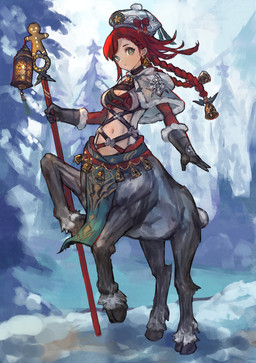 bell braided_hair breasts capelet cleavage clothed clothed_female clothed_taur clothing cloven_hooves female gloves hair handwear hat headgear headwear holding_object hooves lamp lantern medium_breasts midriff navel outside red_hair snow solo sabamisob deer deer_taur humanoid_taur mammal mammal_taur taur absurd_res hi_res