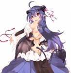 ahoge backless_clothing backless_dress blue_hair butt butt_cleavage clothed clothing dress fangs female hair horn humanoid_pointy_ears long_hair looking_back membrane_(anatomy) membranous_wings no_underwear not_furry open-butt_dress open_mouth pointy_ears rear_view red_eyes ribbons simple_background solo teeth white_background wings plus9 demon humanoid