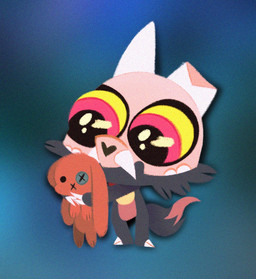 asymmetrical_horns blue_background bone broken_horn cheek_tuft chibi claws facial_tuft fangs fur grey_body grey_fur horn hug pink_eyes plushie sharp_teeth simple_background skull skull_head solo teeth toe_claws tuft yellow_sclera alexzmow_(artist) disney the_owl_house francois_(the_owl_house) king_clawthorne canid canid_demon canine demon lagomorph leporid mammal rabbit titan_(the_owl_house)