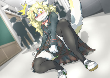 accident anthro blonde_hair blush clothed clothing drill_curls embarrassed female fur hair looking_at_viewer multicolored_body multicolored_fur open_mouth school school_girls school_uniform underwear uniform mttbsmn rittine_(mttbsmn) felid feline mammal absurd_res digital_media_(artwork) hi_res