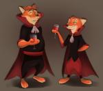 anthro barefoot black_nose cape clothed clothing container countershade_face countershade_fur countershading cup drinking_glass duo fangs feet fur glass glass_container glass_cup hindpaw male paws red_eyes simple_background standing teeth wine_glass rin_tyan disney zootopia gideon_grey nick_wilde canid canine fox mammal red_fox true_fox vampire 2019 digital_media_(artwork) shaded