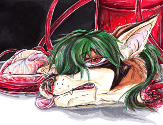 ambiguous_gender blood blood_from_mouth blood_in_mouth bodily_fluids brown_body brown_fur death fur gore green_hair hair headless heart_(organ) nosebleed organs red_eyes saliva severed_body_part severed_head snot tan_body tan_fur tongue tongue_out ocelotfire canid canine canis domestic_dog german_shepherd herding_dog mammal pastoral_dog 2010 dated marker_(artwork) traditional_media_(artwork)