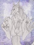 4_toes anthro anus balls claws curling_toes ear_piercing erection feet foot_focus genitals half-closed_eyes looking_at_viewer male narrowed_eyes nude penis piercing seductive smile solo tail toes ultraviolet ethan_(teckly) sergal 2014 watermark