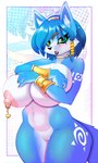 anthro areola big_breasts biped blue_body blue_hair breasts covering covering_self eyelashes female fur genitals hair nipple_piercing nipples piercing pupils pussy solo standing thick_thighs don_ko nintendo star_fox krystal_(star_fox) canid canine fox mammal 2024 3:5 hi_res