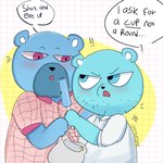 anthro black_nose blue_body blue_eyes blush clothing dialogue duo food male popsicle shirt text topwear fiyafyanie unicorn_wars azulin's_father rafa_(unicorn_wars) bear mammal 1:1 2023 english_text hi_res