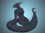 anthro black_body breasts female glowing glowing_eyes green_eyes grin non-mammal_breasts pose smile solo tail almaren chesh mythology dragon mythological_creature mythological_scalie scalie 4:3 pinup