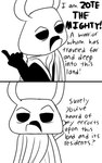 2_horns 2_panel_comic 5_fingers biped black_body black_eyes black_text cloak clothing dialogue exclamation_point eyebrows fingers horn male open_mouth pose question_mark simple_background solo standing talking_to_another text weapon_on_back white_background white_head skeletorskeletonized hollow_knight team_cherry zote_(hollow_knight) arthropod 2020 5:8 comic digital_media_(artwork) english_text hi_res monochrome