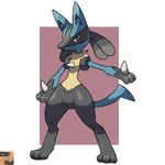 ambiguous_gender anthro black_body black_fur blue_body blue_fur chest_spike featureless_crotch fur logo looking_at_viewer red_eyes shaved simple_background solo spikes spikes_(anatomy) standing tan_body tan_fur thick_thighs reallydarkandwindie 2024_pokemon_gigaleak nintendo pokemon canid canine generation_4_pokemon lucario mammal pokemon_(species) 1:1 full-length_portrait hi_res portrait