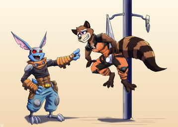 3_toes 4_fingers 5_fingers anthro barefoot belt black_clothing black_shirt black_topwear blue_body blue_bottomwear blue_clothing blue_pants bodily_fluids bottomwear briefs brown_body brown_fur bulge claws clenched_teeth clothed clothed_male clothing duo feet fingers front_view fur gesture gloves hand_gesture handwear hanging_wedgie hook humiliation laugh male markings notched_ear open_mouth orange_bottomwear orange_clothing orange_pants orange_shirt orange_topwear pain pants pointing pointing_at_another pole rabbit_ears red_sclera robotic_legs shirt simple_background stretched_underwear striped_markings striped_tail stripes suspension sweat sweatdrop tail tail_markings teeth tighty_whities toe_claws toes tongue topwear underwear unzipped unzipped_pants wedgie white_briefs white_clothing white_underwear zipper juniorjosi guardians_of_the_galaxy marvel blackjack_o'hare rocket_raccoon hare lagomorph leporid mammal procyonid raccoon