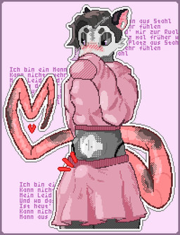anthro blush border bottomwear bulge circle_eyebrows clothed clothing covering covering_face covering_mouth covering_own_mouth covering_self crop_top cropped_sweater crossdressing ear_piercing erection erection_under_clothing erection_under_skirt exposed_belly eyebrows eyeshadow femboy flustered furless_tail grey_sclera heart_symbol kerry_(intern) legwear long_sleeve_sweater long_sleeves looking_aside looking_down makeup male navel navel_piercing piercing pink_bottomwear pink_clothing pink_skirt purple_border purple_eyes shirt skirt sleeves_past_fingers sleeves_past_wrists solo standing stockings string_panties sweater tenting text topwear translation_in_description undercut underwear unwanted_erection dither_rat american_opossum mammal marsupial digital_media_(artwork) dithering german_text pixel_(artwork) portrait three-quarter_portrait translated
