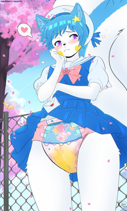abdl anthro asian_clothing blush bodily_fluids bottomwear bunnyhopps_(diaper) cherry_blossom cherry_blossom_tree cherry_tree clothed clothing crossdressing diaper diaper_fetish east_asian_clothing femboy flower fruit_tree fur genital_fluids hat headgear headwear japanese_clothing japanese_school_uniform male plant prunus_(flower) school_uniform serafuku skirt solo tree unclean_diaper uniform urine used_diaper wearing_diaper wet wet_diaper white_body white_fur meowtat abuniverse bunnyhopps nintendo pokemon fan_character generation_4_pokemon mammal pachirisu pokemon_(species) rodent sciurid tree_squirrel absurd_res digital_drawing_(artwork) digital_media_(artwork) flat_colors hi_res
