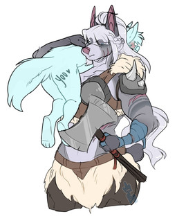 anthro axe biped carrying_another clothed clothing duo female female_carrying_male grey_body hair larger_female male melee_weapon nude scar shoulder_carry simple_background size_difference smaller_male text weapon white_background white_hair bayleyheart ych_(character) canid canine mammal digital_drawing_(artwork) digital_media_(artwork) english_text hi_res shaded simple_shading