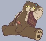 anthro balls belly bodily_fluids brown_body brown_fur chibi erection fur genital_fluids genitals humanoid_genitalia humanoid_penis male penis precum slightly_chubby solo spread_legs spreading irohachimitsu animal_crossing nintendo grizzly_(animal_crossing) bear mammal hi_res