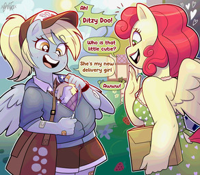 anthro baby band-aid bandage blonde_hair clothing delivery_(commerce) delivery_employee derp_eyes female grey_body group hair hat headgear headwear jacket messenger_bag ponytail postal_carrier postal_delivery sleeping sparkles text topwear trio wings yellow_body young xconitox friendship_is_magic hasbro my_little_pony mythology derpy_hooves_(mlp) dinky_hooves_(mlp) strawberry_sunrise_(mlp) equid equine mammal mythological_creature mythological_equine pegasus english_text hi_res