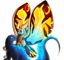 amber_eyes ambiguous_gender blue_eyes duo feral fur membrane_(anatomy) membranous_wings wings plaguedogs123 godzilla_(series) monsterverse mothra_(series) toho godzilla mothra arthropod insect kaiju lepidopteran moth 2019 absurd_res digital_media_(artwork) hi_res