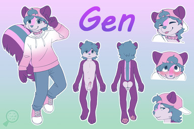 backsack backwards_cap balls blep blue_eyes blue_hair butt clothing collar denim denim_clothing embarrassed erection floating fluffy fluffy_tail footwear genitals hair hoodie nude nude_anthro nude_male pawpads penis pink_cap pink_clothing pink_collar pink_footwear pink_shoes purple_body shoes smile smug standing stripes tail tongue tongue_out topwear mammal mephitid skunk absurd_res hi_res model_sheet