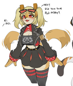 anthro anthrofied blonde_hair blush bottomwear cleavage_cutout clothing cutout female hair jacket leather leather_bottomwear leather_clothing leather_jacket leather_skirt leather_topwear multicolored_body offscreen_character pigtails skirt solo spiked_clothing spikes tail tail_motion tailwag thick_thighs topwear two_tone_body yellow_body kambo mihoyo zenless_zone_zero burnice_white bird_dog canid canine canis domestic_dog golden_retriever hunting_dog mammal retriever