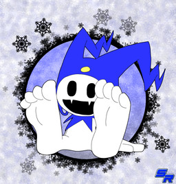 4_toes barefoot big_feet blue_background blue_clothing blue_hat blue_headwear clothing feet foot_fetish foot_focus hat headgear headwear humanoid_feet male plantigrade simple_background sitting smile snowflake snowflake_background solo toes white_background white_body ryoosakuling atlus megami_tensei sega jack_frost_(megami_tensei) demon humanoid imp absurd_res digital_drawing_(artwork) digital_media_(artwork) hi_res