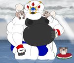 4_fingers anthro anthrofied belly big_belly big_bulge big_nipples biped black_body black_countershading black_nipples blue_eyes brown_body brown_fur bulge cloud countershading detailed_bulge eyes_closed fingers fur genital_outline group hand_on_belly huge_belly huge_bulge huge_muscle looking_at_another male male_anthro mane musclegut muscular nipples open_mouth partially_submerged penis_outline raining raised_arms sea sitting sitting_on_another size_difference smile storm water white_body white_fur mc_morrales nintendo pokemon soleo_the_solgaleo generation_7_pokemon legendary_pokemon pokemon_(species) rockruff solgaleo 2021