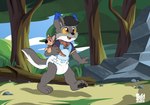 adventure adventuring anthro black_body black_fur black_hair blue_clothing blue_ear_tips blue_shirt blue_topwear clean_diaper clothed clothing collar diaper dipstick_ears ear_markings excited exploring feet forest fur grey_body grey_fur hair happy hindpaw holding_object holding_plushie male multicolored_body multicolored_ears multicolored_fur open_mouth pantsless paws plant plushie red_eyes rock shirt smile solo tail topwear tree walking white_body white_fur young toby_tiger canid canine canis domestic_dog mammal hi_res