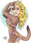 anthro bikini blonde_hair bone brown_body brown_eyes brown_fur brush brushing brushing_hair clothed clothing comb female floral_print floral_print_bikini fur hair looking_at_viewer looking_back personal_grooming skeleton smile solo styling_hair swimwear tan_body tan_fur two-piece_swimsuit whiskers terrie_smith mammal mustelid otter sea_otter 2009 marker_(artwork) traditional_media_(artwork)