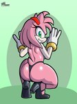 anthro breasts butt clothed clothing crouching female footwear glistening glistening_butt gloves green_eyes handwear heels_only high_heels looking_at_viewer looking_back looking_back_at_viewer mostly_nude panties panties_only pink_body shoes smile solo topless underwear underwear_only wristband fours_(artist) sega sonic_the_hedgehog_(series) amy_rose eulipotyphlan hedgehog mammal hi_res