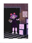 accessory anthro black_clothing black_dress bow_ribbon cake candle checkered checkered_floor clothed clothing dessert dress electronics emote female fire food hair_accessory hair_bow hair_ribbon holding_cake holding_food holding_object holding_plate inside looking_at_viewer machine open_mouth open_smile paper plate purple_body purple_eyes purple_nose red_cheeks ribbons screen simple_background smile solo television kiralion five_nights_at_freddy's scottgames vkontakte masyunya_(vkontakte) animatronic domestic_cat felid feline felis mammal robot 2022 digital_media_(artwork) signature