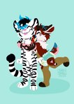ambiguous_gender anthro baby clothed clothing diaper duo hug object_in_mouth pacifier pacifier_in_mouth tryagains_(diaper) wearing_diaper wetness_indicator young wuta-tumaki pretend_again try_agains deer felid mammal pantherine tiger absurd_res hi_res