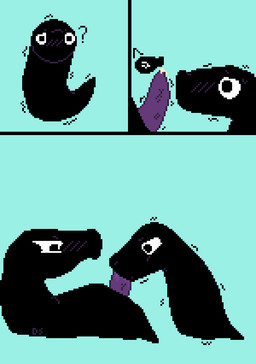 ambiguous_gender black_body blush blush_lines bodily_fluids confusion cyan_background duo erection fellatio feral front_view genital_fluids genitals interspecies looking_at_viewer lying male male/ambiguous on_back oral oral_penetration penetration penile penis penis_in_mouth precum purple_penis question_mark saliva saliva_on_penis sex shaking side_view simple_background symbol throbbing throbbing_penis toony vein veiny_penis young young_ambiguous young_feral young_male doublesundaes voidpet_dungeon voidpet_inc anxious_(voidpet_dungeon) salty_(voidpet_dungeon) voidpet voidpet_(voidpet_dungeon) 2026 comic digital_media_(artwork) hi_res multiple_scenes pixel_(artwork)